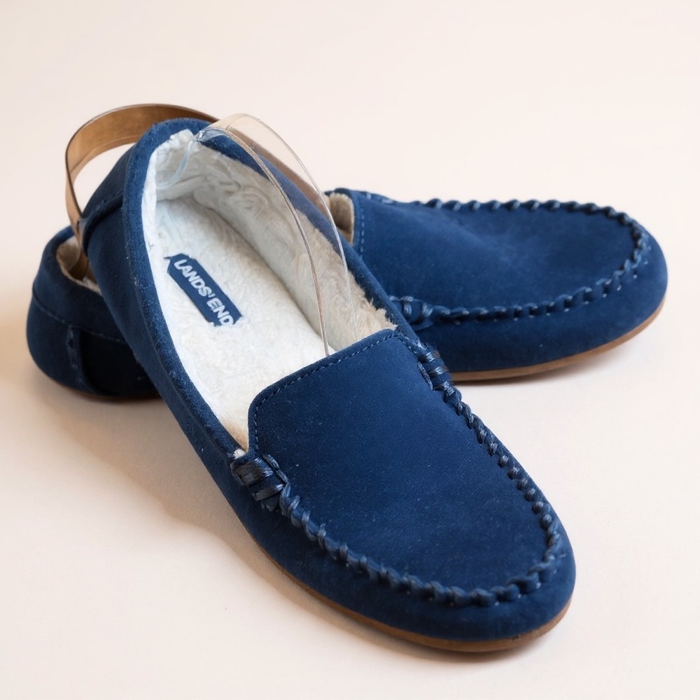 NWOB Lands' End Women's Blue Suede Moccasin Shearling Lined Slippers Size 8 - Picture 2 of 14